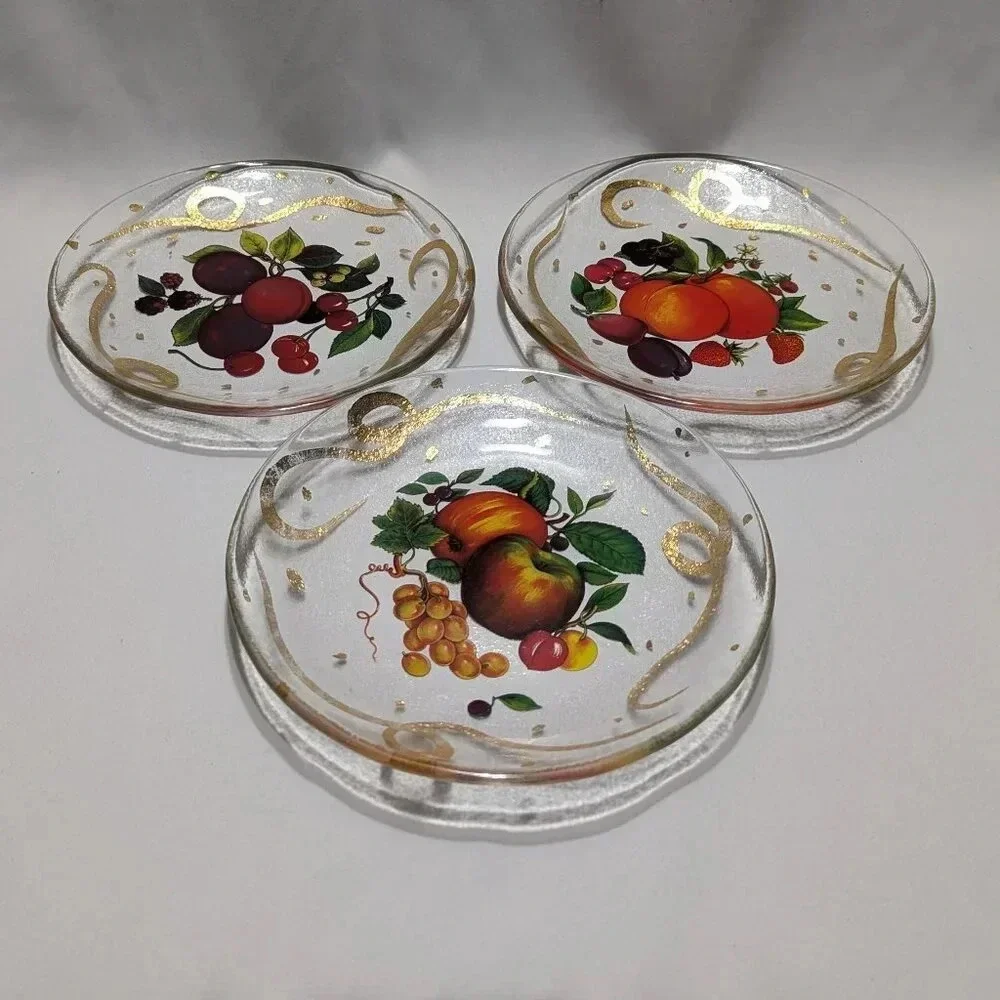 Set of 3 Clear Glass Plates with Fruit Decoration Gold